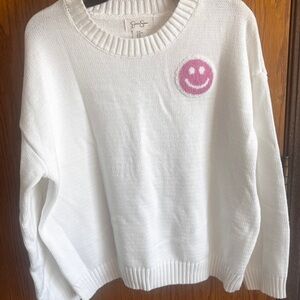 Jessica Simpson White Crewneck Sweater with Pink Smiley